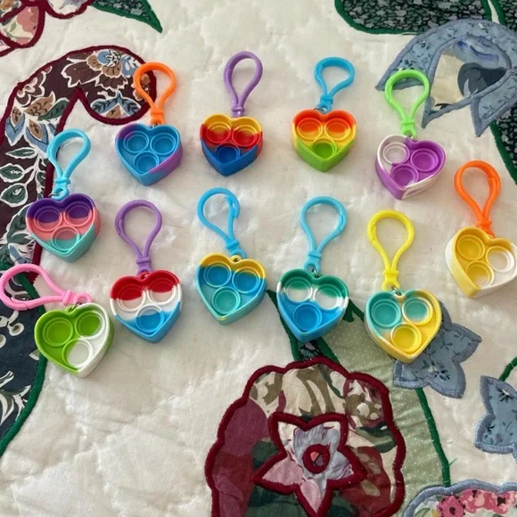 Heart-Shaped Pop Fidget Keychain Set - Multicolor Bundle of 11 - Picture 2 of 4